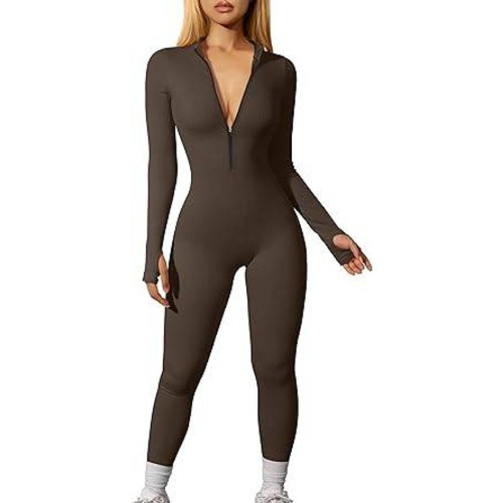OQQ Ribbed Half Zip Full Length Jumpsuit Brown Size Small